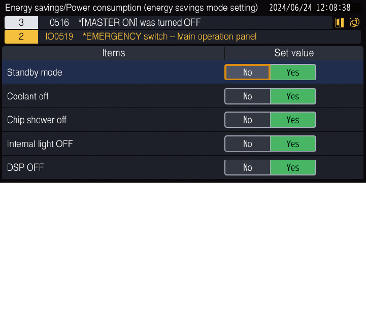 ●Standby-Modus ●Kühlmittelpumpe ●Spänespülung ●Arbeitsleuchte ●Display aus Kann individuell angepasst werden